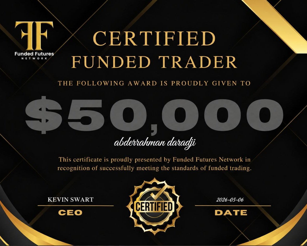 شهادة معتمدة — Funded Futures Network Certified Funded Trader $50,000